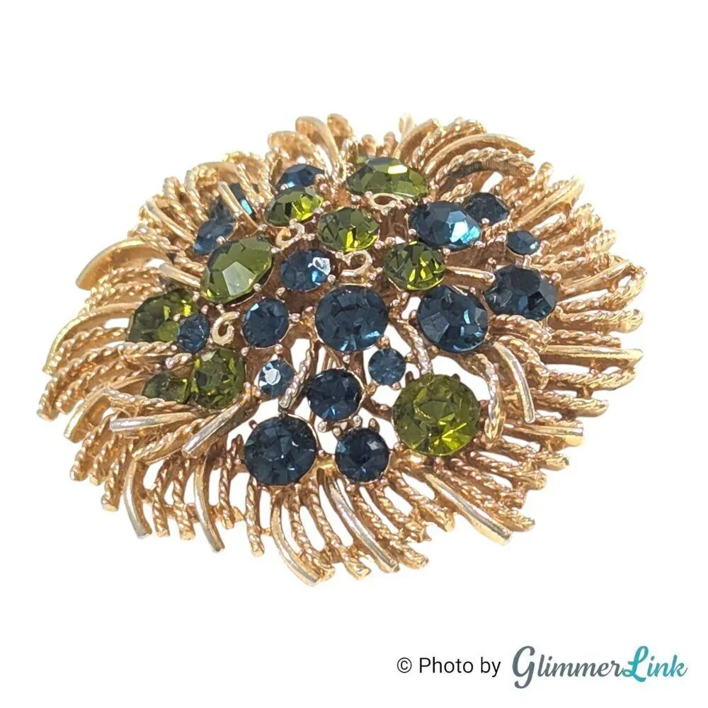 Vintage 60s Lisner Round Floral Green Blue Rhinestone Crystal Gold Tone Brooch